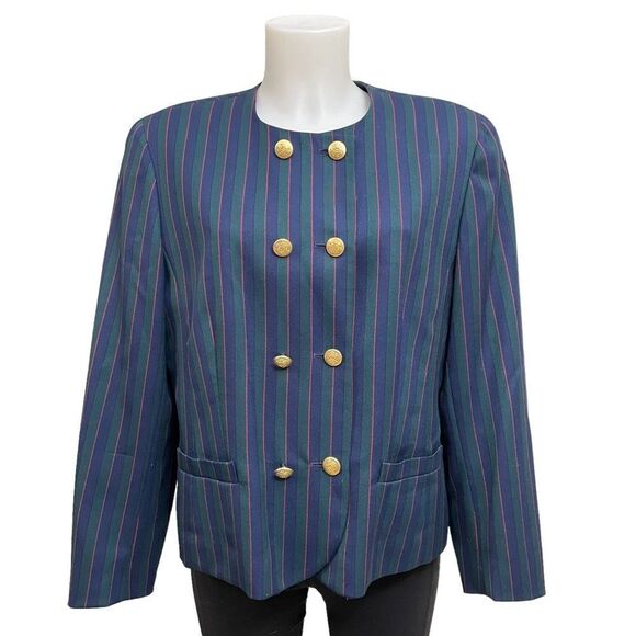 PENDLETON VINTAGE STRIPE BLUE GREEN 100% VIRGIN‎ WOOL BLAZER COAT SZ 14 - Picture 1 of 9